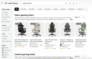 Google Shopping results page for "gaming chairs," which includes an AI-overview of fabric gaming chairs and a variety of chairs available for purchase.